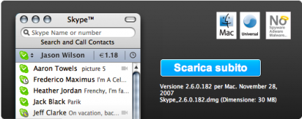 Disponibile Skype 2.6.0.182 per Mac