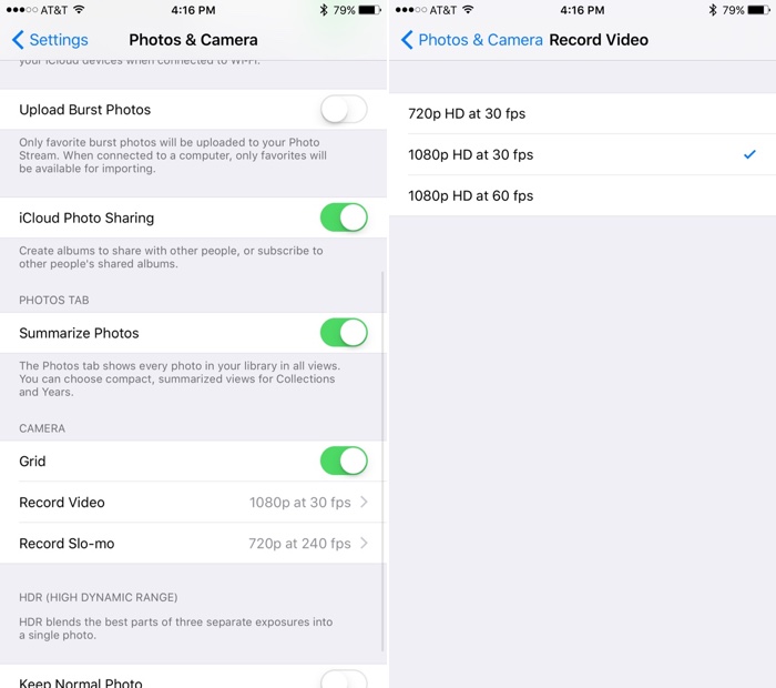 Opzioni Videocamera iOS 9