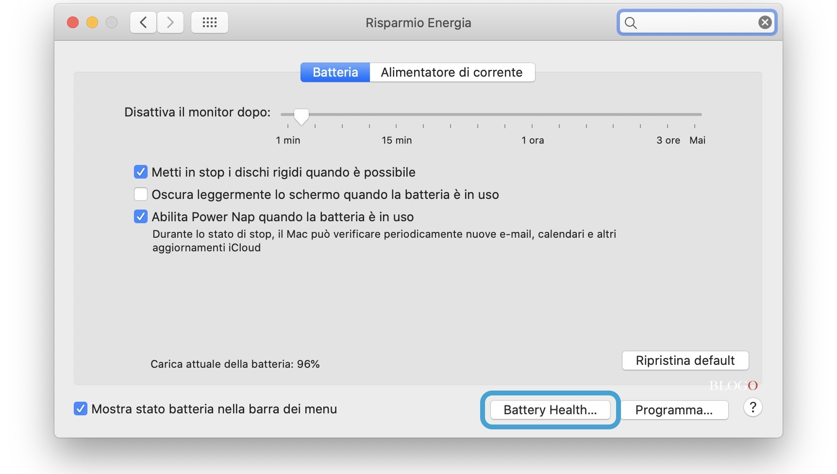Disattivare Salute Batteria macOS 10.15.15